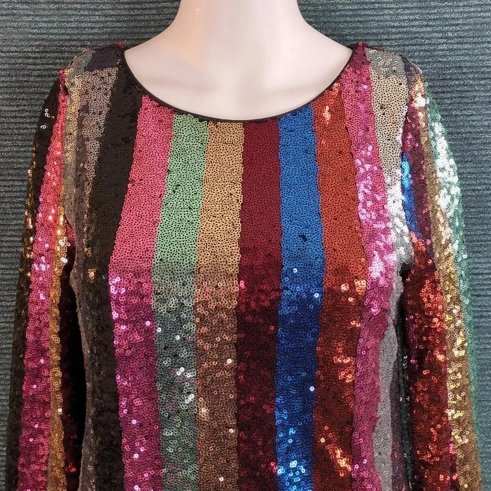 Multicolor Striped Sequin Mini-Dress, Long Sleeve.  LET YOUR PRIDE SHEIN!! - Picture 4 of 17